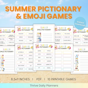 Printable Summer Pictionary & Emoji Game Bundle, Summer Games for families, teens, kids, Party Activity, Charades Style, Printable Games