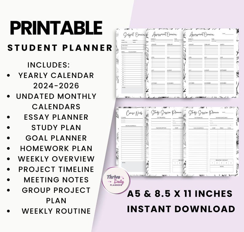 Printable Academic Planner 2025-2026, Student Study Organizer With ...