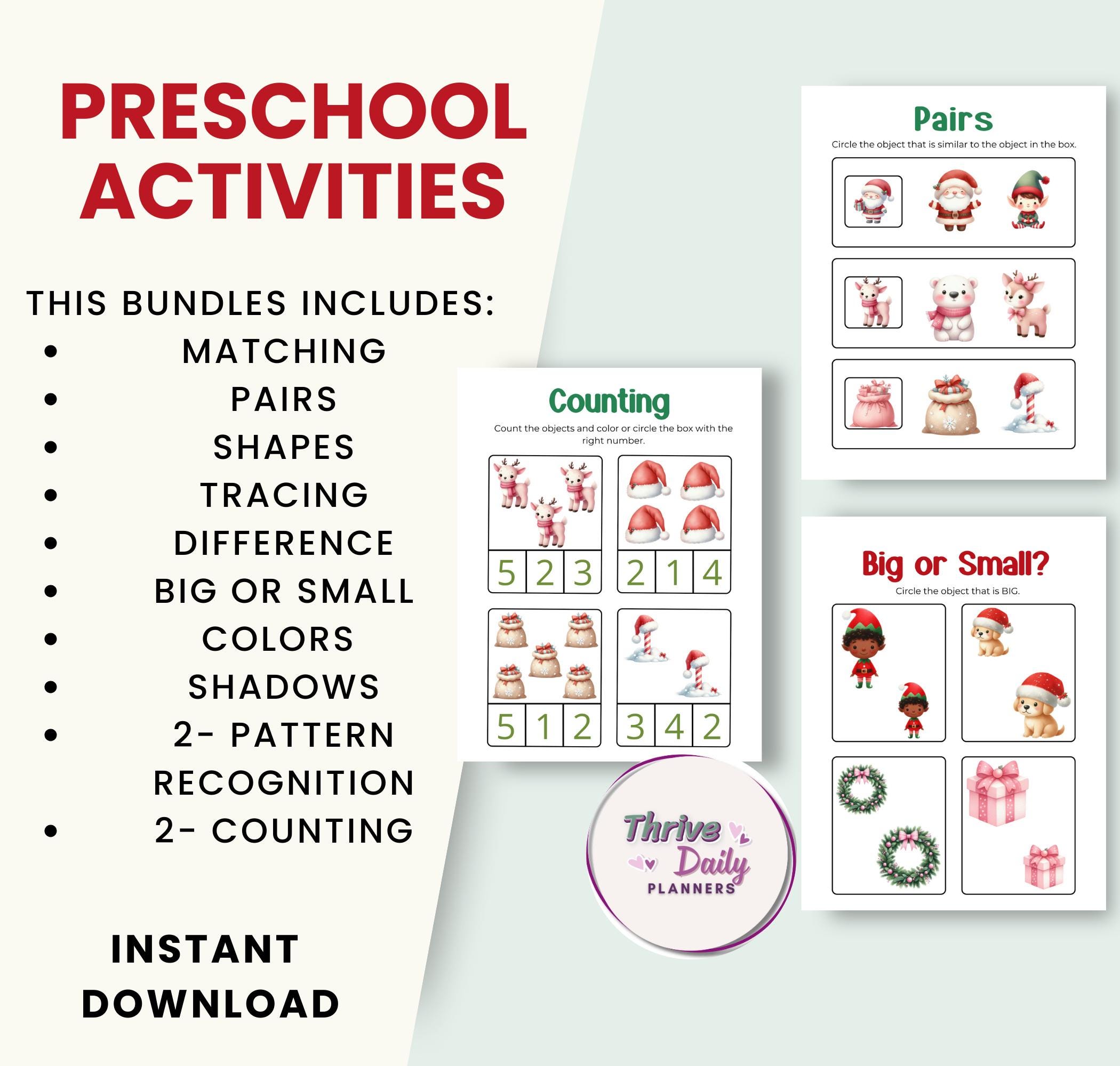 Christmas Preschool Activity Bundle, Printable Learning Games, Matching ...