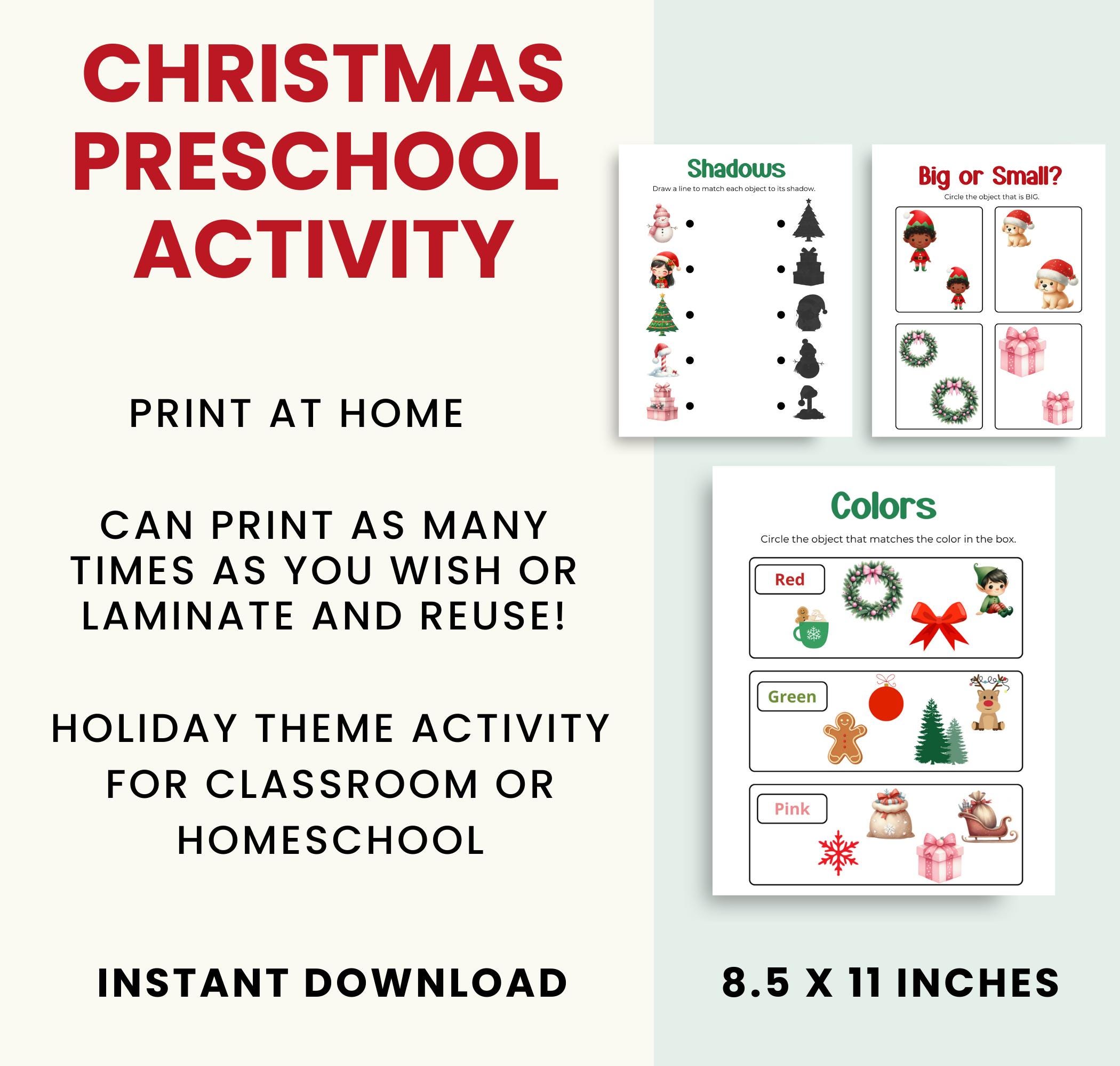 Christmas Preschool Activity Bundle, Printable Learning Games, Matching ...
