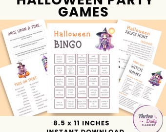 May include: A set of printable Halloween party games featuring a witch character. The games include "Once Upon a Time", "This or That", "Halloween Bingo", "Halloween Selfie Hunt", and "What's Your Witch Name?"