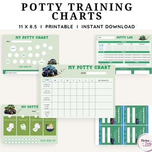 Peut inclure: Ensemble de tableaux et de journaux d'apprentissage de la propreté imprimables en vert et blanc. Les tableaux comprennent des espaces pour suivre les progrès, les récompenses et un journal de propreté. Le texte "POTTY TRAINING CHARTS" est en haut.