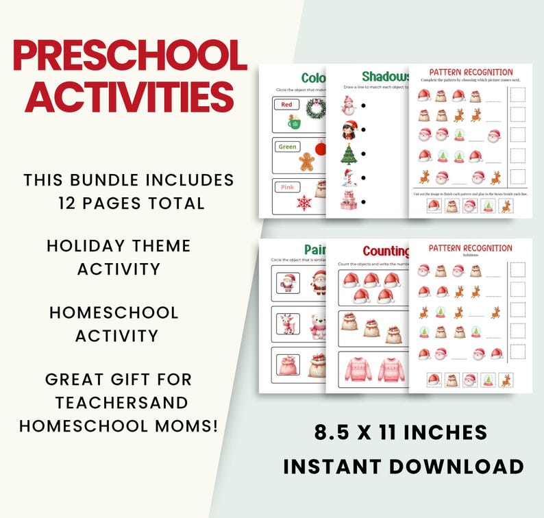 Christmas Preschool Activity Bundle, Printable Learning Games, Matching ...