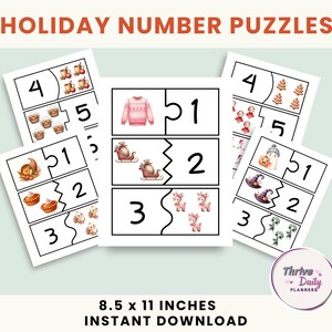 May include: A set of printable holiday number puzzles for children. The puzzles feature images of pumpkins, turkeys, reindeer, Santa hats, and other festive themes. Each puzzle has a number and a corresponding number of images. The puzzles are 8.5 x 11 inches and are an instant download.