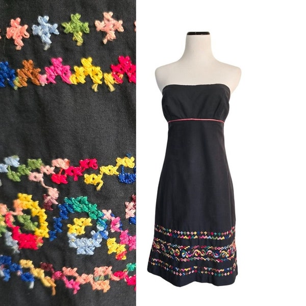 90s-Y2K summer strapless dress, black cotton, beautiful ethnic cross stitch embroidery embellished hem line, picnic summer lbd, size S.