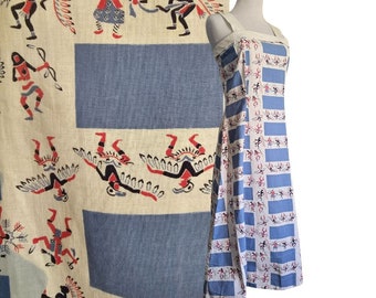 1960s novelty print halter dress, Native American dance-song-thunderbird  cotton novelty print car show to rockabilly summer dress size M.