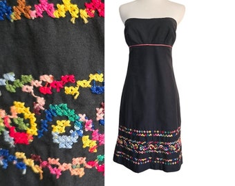 90s-Y2K summer strapless dress, black cotton, beautiful ethnic cross stitch embroidery embellished hem line, picnic summer lbd, size S.