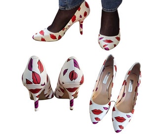 Y2K Lip print pumps, vegan pleather in white with red lip print, size 7 - 3 inch heel, adorable pinup-retro pump style, nod to the MTV 80s.