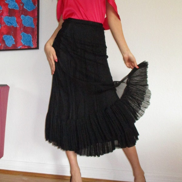 50s inky black rockabilly retro midi skirt, Petite fit. Black tulle skirt,  gathered double tulle hems, extra swirl, sexy retro skirt, Small