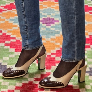 70s does 40s ladies Spectator Slingback Pumps by Lujano hand made in Spain, Size 7M, beige leather body+brown toe, 3.5 inch heel, Evita&#39;ish.