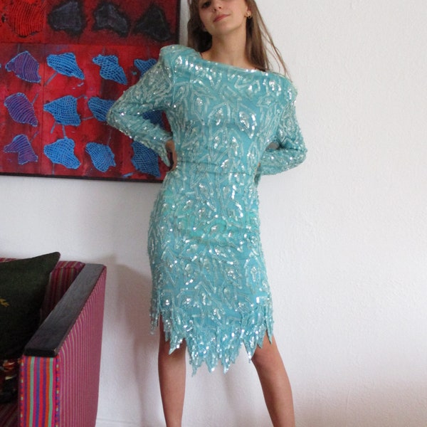 80s party dress, turquoise blue beaded sequin dress, mid-calf length, dress drapes perfect, glitzy glam event dress, size S.