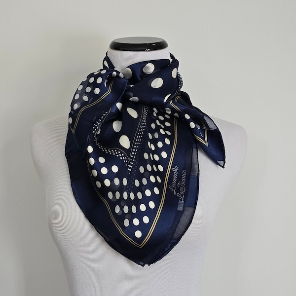 80s Leonard La Bianca silk scarf-navy blue stripes+white polka dots, 33 inch square, ladies who lunch XL scarf. Head or neck scarf.