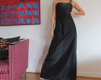 Y2K - 90s black strapless maxi gown-Jessica McClintock for Gunne Sax, tiny ice rhinestones on bodice, black taffeta prom dress, size S.
