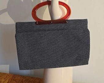 70s tote bag, navy+ white polka dots, travel overnight shopping tote bag, snaps for length, amber lucite handles, eco-chic shopping bag.