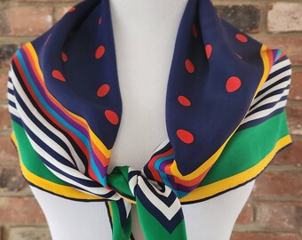70s-80s Bill Blass silk scarf,  30 inch square show stopper, rainbow classic, stripes and polka dots-neck statement scarf by Bill Blass.