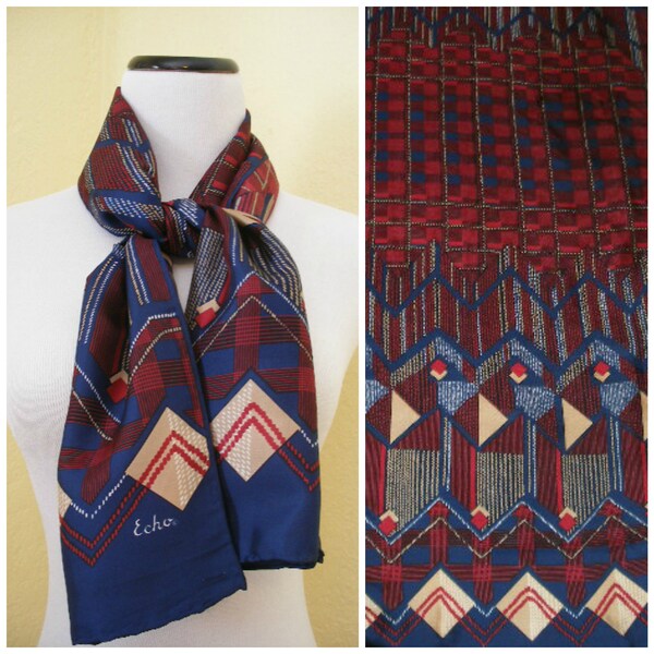 80s Echo scarf, head or neck silk scarf, abstract angular shapes, navy blue, beige, maroon. Extra long rectangle scarf, 46 x 15 inches.
