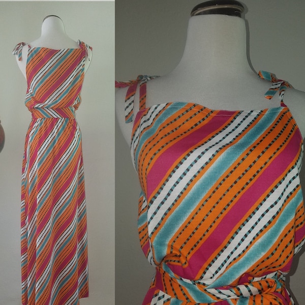 80s halter maxi dress by Clovis Ruffin. Summer apron halter maxi dress, bright summer color diagonal stripes, easy breezy summer dress. S-M.
