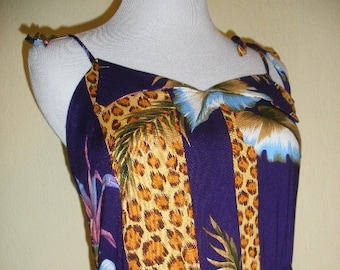 70s-80s summer halter, tropical floral-animal print ala Roberto Cavalli, spaghetti straps tie at shoulder, adorable bodice detail, Size S.