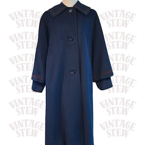 50s ladies winter coat, blue wool Milson Original, retro nod 50s does Edwardian lined coat, beaded+rouleaux trim collar+sleeves. Size S-M.