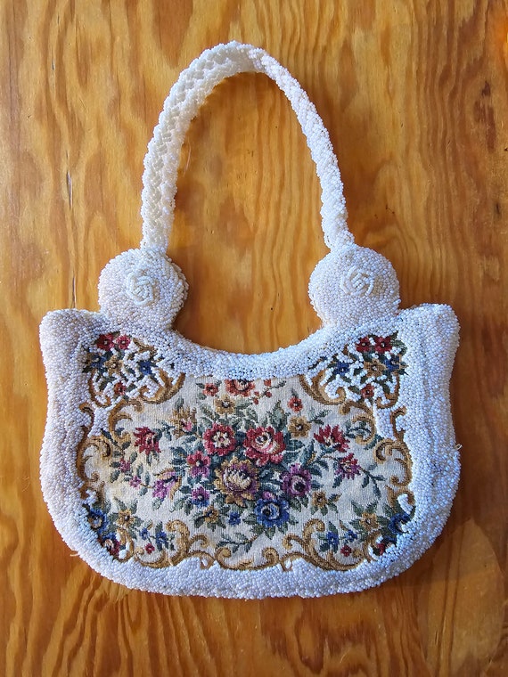 50s evening bag, faux petit point tapestry+white … - image 9