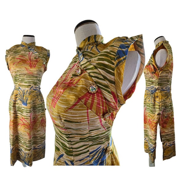 60s Asian dress in MCM earthy abstract print-broad stroke plant leaves on gold. Cheongsam-Qipao style sheath dress, side slits, size XS-S.