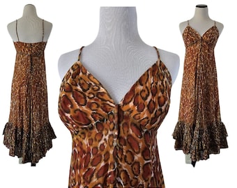 60s Francheska Valdy halter dress, leopard print halter dress, chiffon, double layer hem-heavy pleated for major swish. Sexy dance dress, S.