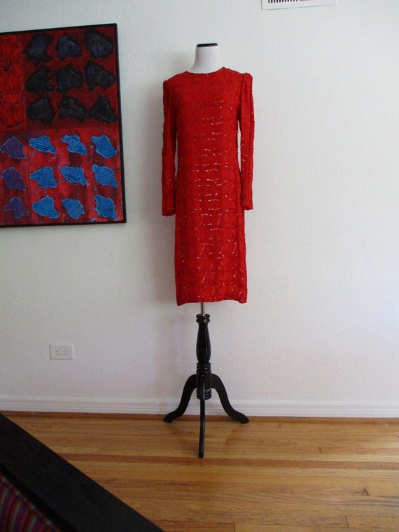60s-70s red sequin dress-art deco sequin pattern r