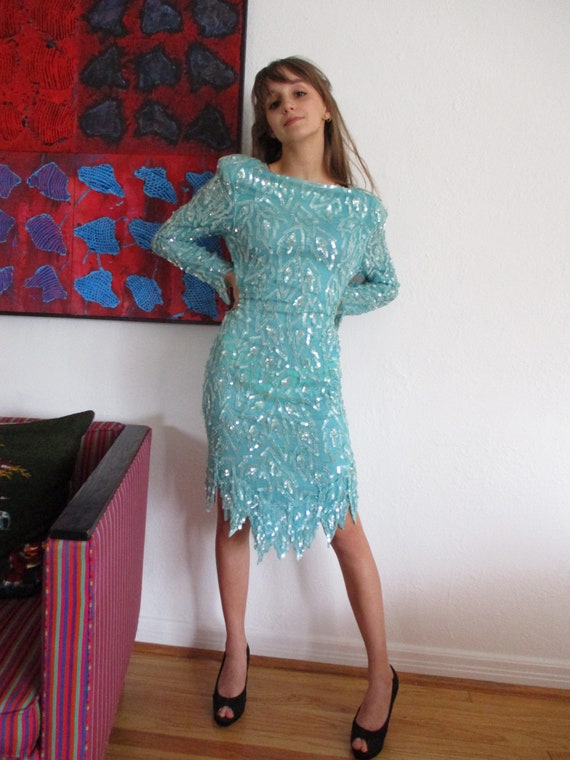 80s party dress, turquoise blue beaded sequin dres