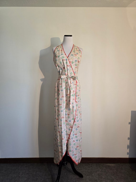 70s summer halter wrap dress, strawberry+floral p… - image 4
