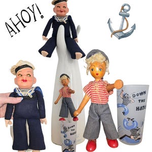 Vintage nautical lot, 30&#39;s-40&#39;s Sailor boy souvenir, sassy new wave Polish wooden girl in nautical attire, one Down the Hatch cocktail glass