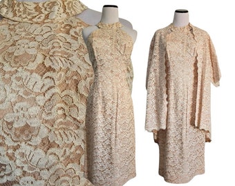 60s lace halter dress, nude floral illusion lace dress set, day wedding dress-wiggle cocktail dress, MadMen sexy lace party dress, size S-M.