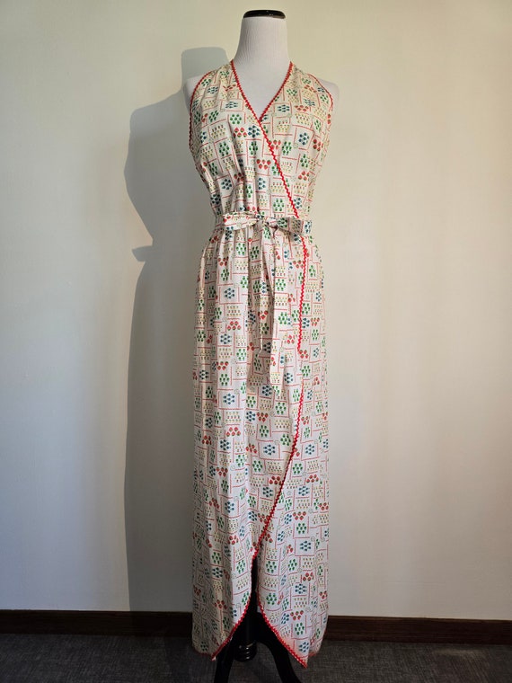70s summer halter wrap dress, strawberry+floral p… - image 5