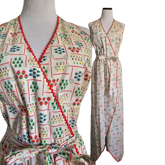 70s summer halter wrap dress, strawberry+floral p… - image 1