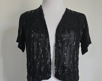 Edwardian 1920s art deco shrug, black jet beads on silk crepe. Fin de Siecle-end of the century Goth glam to Downton Abbey, size S.