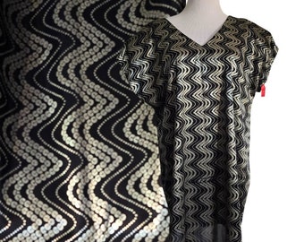 80s disco rocker unisex top, black with metallic gold sequin print, dolman cut pullover top, nwt vtg rocker glam sleeveless top, size L.