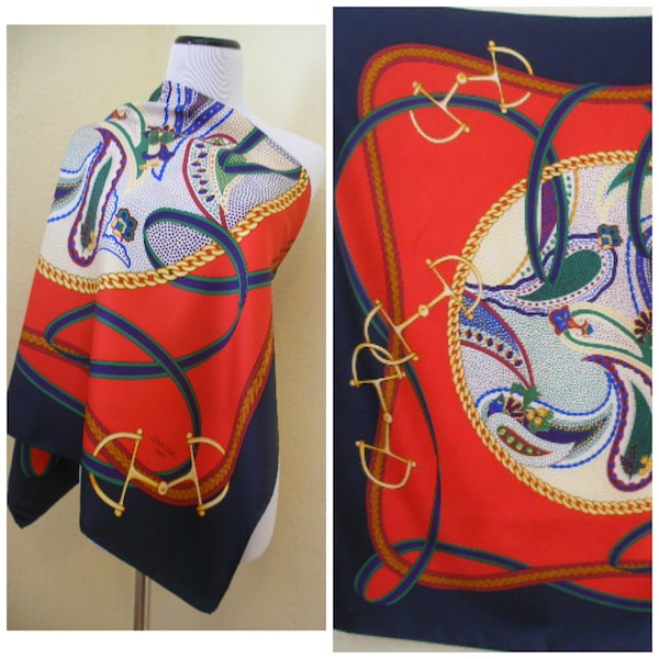 80s Jean Louis scarf, large 34 x 36 inch square. Silk scarf, paisley-gold link "horse stirrup" motif red and navy silk. Horse show chic.