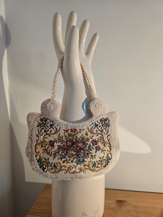 50s evening bag, faux petit point tapestry+white … - image 7