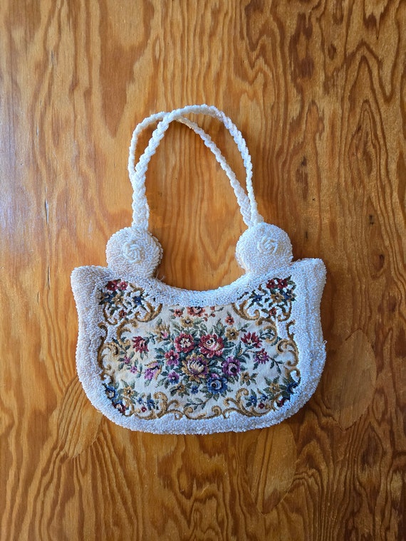 50s evening bag, faux petit point tapestry+white … - image 1