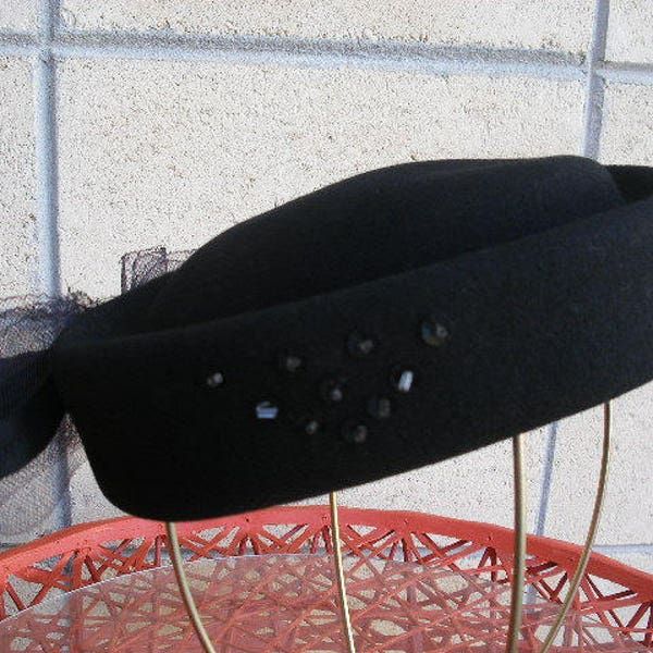 40s-50s pillbox veiled hat ala 80s New Wave  New look-pillbox-fascinator blend, black doeskin embellished sequins, bugle beads, netted bow.