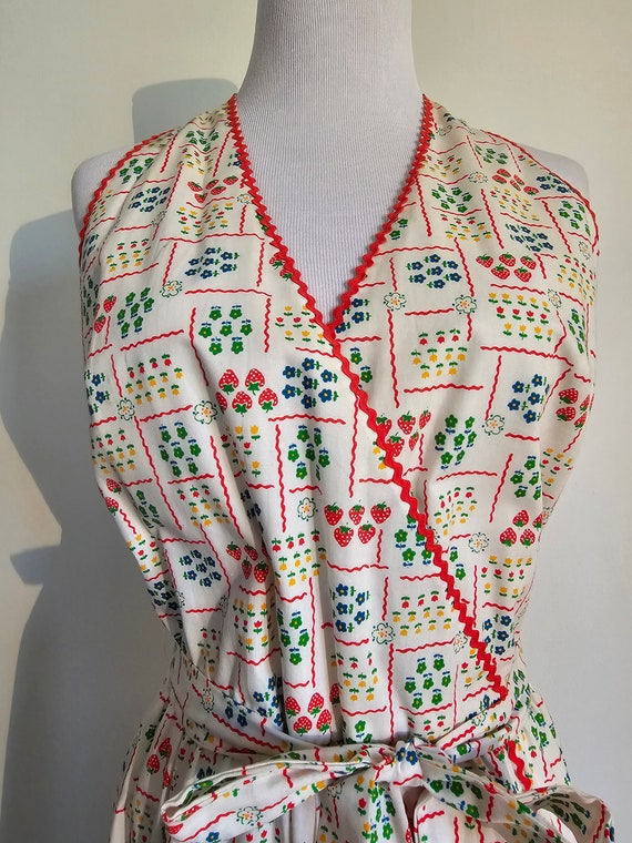 70s summer halter wrap dress, strawberry+floral p… - image 2