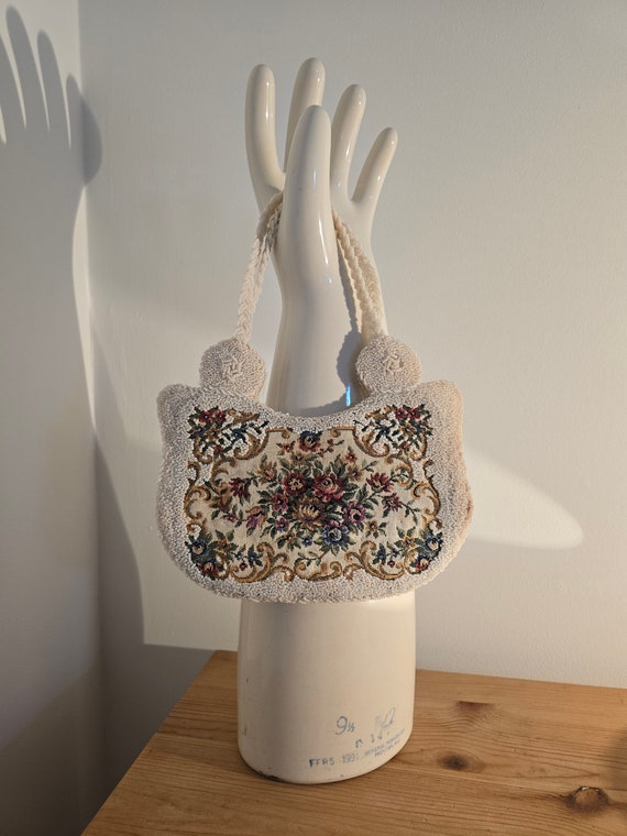 50s evening bag, faux petit point tapestry+white … - image 5