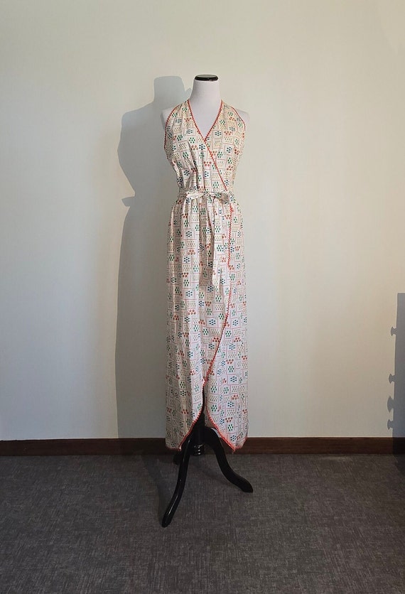 70s summer halter wrap dress, strawberry+floral p… - image 3