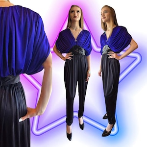 80s harem jumpsuit by Susan Roselli for Vijack. Purple gathered dolman upper+gathered black pants, black sequin detail disco jumpsuit, S.