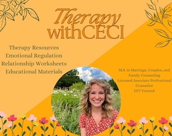 Könnte beinhalten: Eine Frau mit lockigem braunen Haar lächelt in die Kamera. Sie trägt ein rotes Blumenkleid. Der Hintergrund ist ein Feld mit Blumen und ein blauer Himmel. Der Text "Therapy with CECI" befindet sich oben im Bild. Der Text "Therapy Resources, Emotional Regulation, Relationship Worksheets, Educational Materials" befindet sich auf der linken Seite des Bildes. Der Text "M.S. in Marriage, Couples, and Family Counselling, Licensed Associate Professional Counsellor, EFT Trained" befindet sich auf der rechten Seite des Bildes.