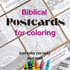 May include: A collection of rectangular white postcards featuring black line art illustrations and various biblical verses for coloring. The designs include floral patterns, rainbows, and window scenes. A set of colorful wax crayons is placed below.