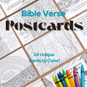 May include: A collection of twenty-four white postcards featuring black line art illustrations of Bible verses and floral patterns, accompanied by a set of colorful wax crayons for coloring the intricate designs on each individual card.