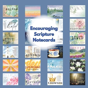 May include: A collection of Encouraging Scripture Notecards, each featuring a watercolor design and a word like "Guided," "Renewed," and "Peace." The cards have a variety of themes and colors, with floral and landscape illustrations.