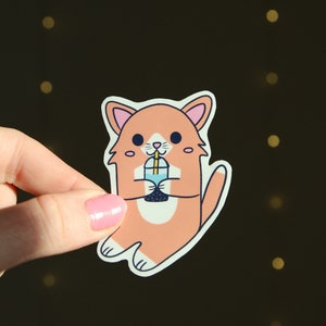 Cute Cat Sipping Boba Tea Kawaii Bubble Tea Sticker | Waterproof Glossy Laminated Sticker for Kindle, Laptop, Water bottle