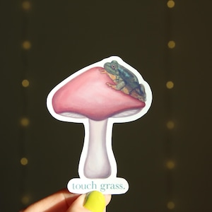 Touch Grass Frog Mushroom Sticker | Waterproof Glossy Laminated Sticker for Kindle,  Laptop, Water bottle