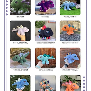 Op de afbeelding: Een pagina met verschillende gehaakte dinosaurusknuffels in verschillende kleuren, waaronder groen, paars, blauw en oranje. Elke dinosaurus heeft unieke kenmerken en wordt weergegeven met de naam van de maker. De afbeelding is van KP Crochet Creations.